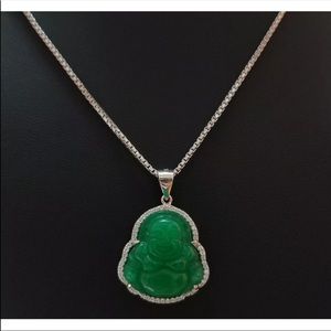 Women 925 Sterling Silver Green Jade Buddha